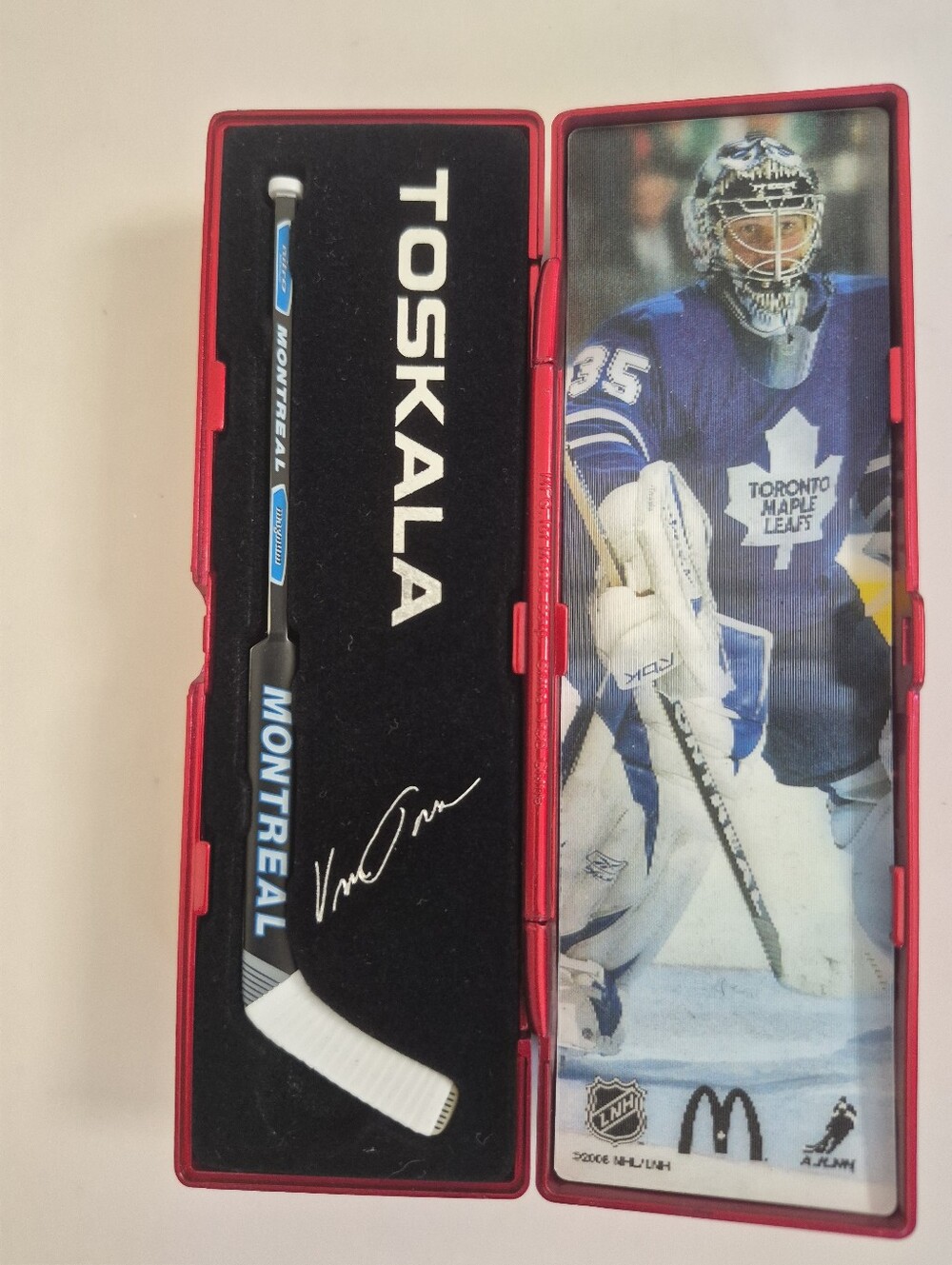 McDonald's Red Case Mini Hockey Stick Display 2007 Toskala Maple Leafs